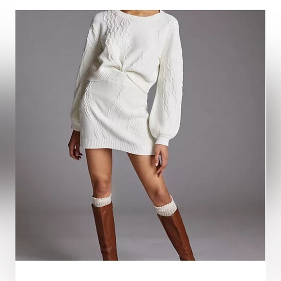 Maeve Anthropologie M Ivory 2 Piece Cable Knit Sweater Skirt Set - Picture 9 of 9